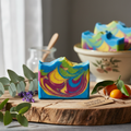 Monthly Pour - vibrant swirled handcrafted soap bar with blue, purple, yellow, and green colors on a wood slice