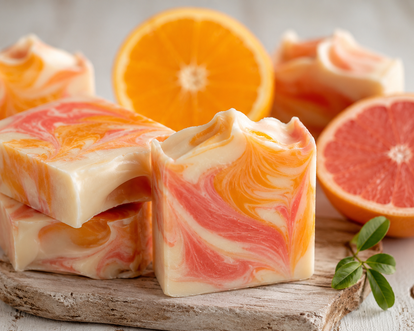 Citrus Grove Body Bar - handcrafted soap with orange and pink swirls surrounded by fresh citrus fruit