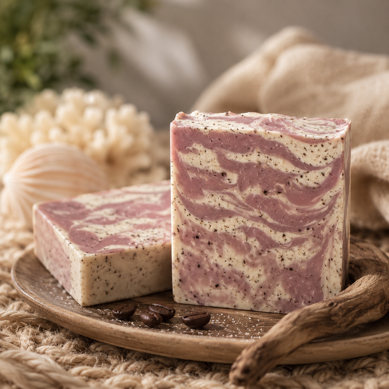 Driftwood Exfoliating Body Bar - handcrafted soap with dusty rose swirls and coffee ground speckles